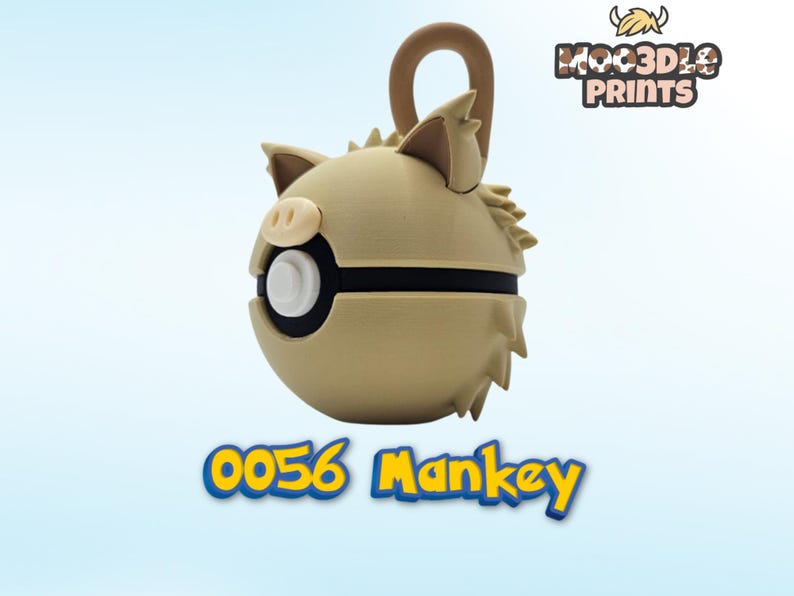 May include: A tan and brown 3D-printed Poke Ball with a monkey-like design, including a handle and ears. The text "0056 Mankey" is displayed below in a blue and yellow font. The logo "MOOD3D PRINTS" is in the upper right corner.