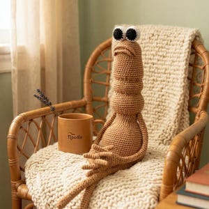 May include: A handmade, brown crochet creature with large black and white eyes sits on a wicker chair. It rests on a cream-colored, chunky knit blanket. A brown mug with the word "Noodle" is nearby, along with a small side table with books.