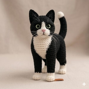 Può includere: Un gatto all'uncinetto fatto a mano con un motivo a smoking bianco e nero. Il gatto ha occhi verdi e un naso rosa. È in piedi sulle quattro zampe con la coda sollevata. Realizzato in filato.