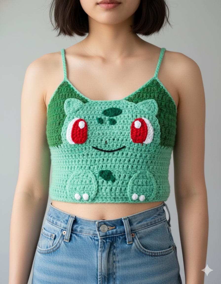 30 Summer Top Crochet Patterns: Chic Styles for Warm-Weather Dressing 11 Green Frog Face Crochet Crop Top
