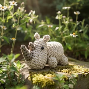 May include: A crocheted rhino toy in a light beige color, lying on a moss-covered stone. The rhino has small ears, a horn, and a button eye. The background features green foliage and white flowers, creating a natural setting.