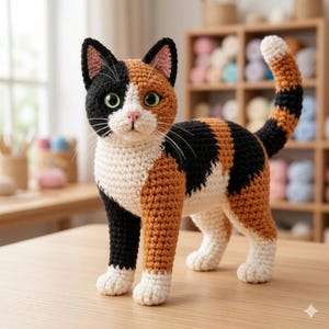 May include: A handmade crochet cat in calico colors: black, orange, and white. The cat has green eyes, a pink nose, and long white whiskers. The cat is standing on a wooden surface, with a blurred background of yarn and shelves.