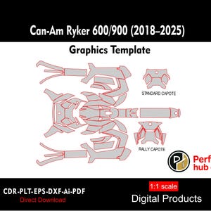May include: A digital graphics template for Can-Am Ryker 600/900 (2018-2025) featuring gray shapes with red outlines, including standard and rally capote sections. The image displays the text Can-Am Ryker 600/900 (2018-2025), Graphics Template, 1:1 scale, Digital Products, CDR-PLT-EPS-DXF-Ai-PDF, Direct Download, and Perfect hub cut.