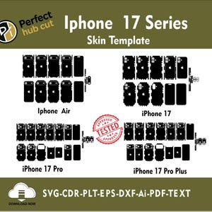 Könnte beinhalten: Grafik mit schwarzen iPhone 17 Series Skin-Vorlagen, einschließlich iPhone Air, iPhone 17, iPhone 17 Pro und iPhone 17 Pro Plus. Das Bild enthält den Text "Perfect hub cut" und "Skin Template".