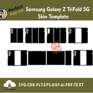 Puede incluir: Una plantilla de piel negra para el Samsung Galaxy Z TriFold 5G. La plantilla incluye varios recortes para los componentes del teléfono. La imagen también presenta el texto "Perfect hub cut" y "Skin Template". La imagen incluye el texto "SVG-CDR-PLT-EPS-DXF-Ai-PDF-TEXT".