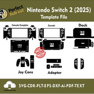 Puede incluir: Archivo de plantilla en blanco y negro para la Nintendo Switch 2 (2025), que incluye la consola, la base, los Joy Cons y el adaptador. El diseño está etiquetado con el texto "Perfect hub cut" y "Tested". Disponible en formatos SVG, CDR, PLT, EPS, DXF, AI, PDF y TEXT.
