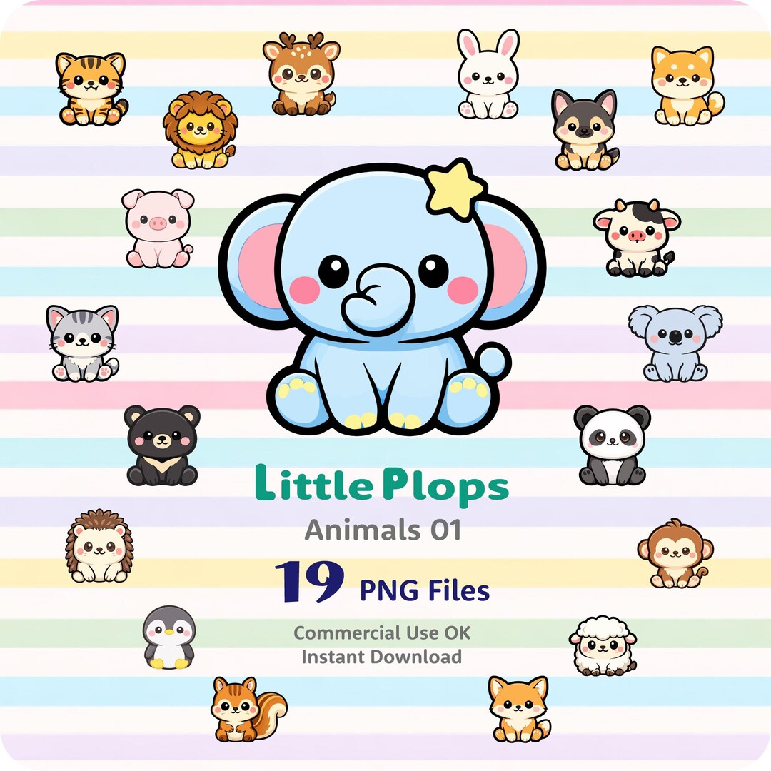 Kawaii Animal PNG Clipart – 19 Cute Sitting Animals Bundle, Commercial ...