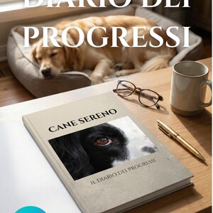 Può includere: Un diario intitolato "Cane Sereno" con l'occhio di un cane sulla copertina, accanto a una penna, occhiali e una tazza. Il testo "DIARIO DEI PROGRESSI" è in alto. Un golden retriever riposa in una cuccia sullo sfondo.