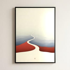 Può includere: Una stampa artistica incorniciata raffigurante un sentiero bianco sinuoso che conduce verso l'orizzonte. Il paesaggio è composto da colline stratificate in tonalità rosso intenso e blu tenue, su un cielo chiaro con un piccolo segno quadrato.
