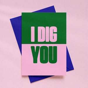 Può includere: Un biglietto di auguri con la scritta "I DIG YOU" in grassetto bianco su sfondo verde e rosa. Il biglietto è posto su una busta blu, il tutto su uno sfondo rosa.