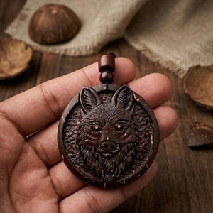 May include: A dark brown, round pendant with a carved wolf head design. The pendant is suspended from a black cord with a wooden bead. The wolf's eyes are highlighted with small gold-colored accents. The pendant is held in a hand.