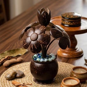 May include: A decorative wooden flower arrangement in a dark brown pot, with blue and green glass beads. The flowers are made of dark brown wood. Two small candles in ceramic pots and a cinnamon stick are also visible.