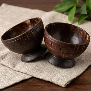 May include: Two dark brown coconut bowls with a pedestal base. The bowls have a textured, woven-like pattern around the rim. They are set on a neutral-colored linen cloth, suggesting a natural, eco-friendly theme.