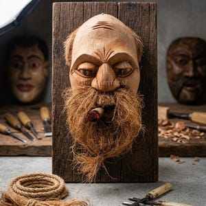 May include: A carved wooden face with a long beard and a lit cigar, mounted on a wooden plank. The face has a stern expression. The image also shows other carved faces, tools, and rope, suggesting a wood carving theme.
