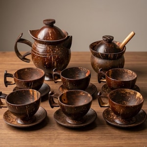 May include: A handcrafted tea set made from coconut shells. The set includes a teapot, a sugar bowl with a spoon, and six teacups with saucers. The natural brown color and unique texture of the coconut shells give the set a rustic look.