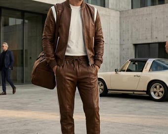 Men's Brayden PU Leather Tracksuit – Brown Faux Leather Hoodie & Jogger Set, Streetwear, Casual Sportswear, Gift for Men