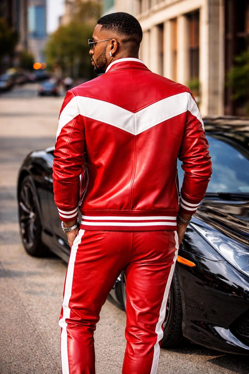May include: Red leather jacket and pants set with white accents. The jacket features a white chevron design across the shoulders and white stripes on the sleeves. The pants have a white stripe down the side. The outfit is worn with a silver watch.