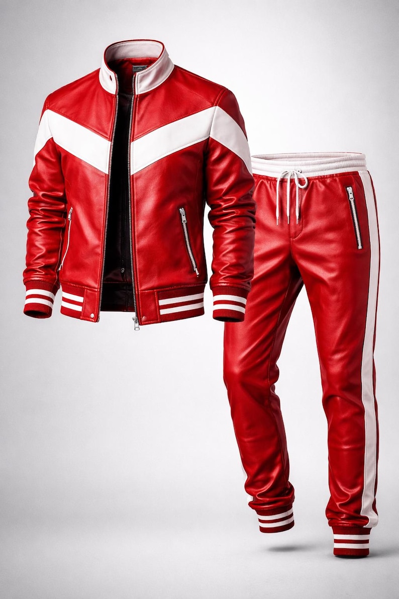 May include: A red leather jacket and matching pants set. The jacket features a white chevron design across the chest and white stripes on the sleeves. The pants have a white stripe down the side. Both pieces have zipper details.