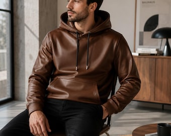 Genuine Cowhide Leather Hoodie – Handmade Biker Streetwear Jacket, Custom Size Motorcycle Hooded Leather Coat
