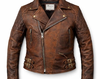 Men’s Leather Motorcycle Jacket – Lambskin Café Racer Biker Jacket, Classic Brando Lapel Collar Moto Jacket, Vintage Real Leather Coat Men
