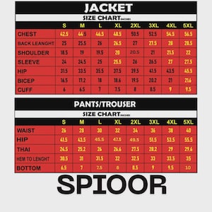 May include: A size chart for jackets and pants/trousers, with measurements in inches. The chart includes chest, back length, shoulder, sleeve, hip, bicep, and cuff measurements for jackets. Pants measurements include waist, hip, thai, hem to length, and bottom.