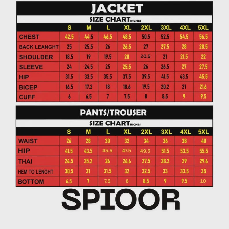 May include: A size chart for jackets and pants/trousers, with measurements in inches. The chart includes chest, back length, shoulder, sleeve, hip, bicep, and cuff measurements for jackets. Pants measurements include waist, hip, thai, hem to length, and bottom.