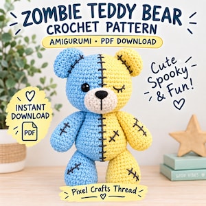 Puede incluir: Un oso de peluche amigurumi de ganchillo con un diseño bicolor, azul claro en el lado izquierdo y amarillo en el derecho. El oso tiene detalles cosidos en negro que parecen cicatrices, una nariz negra y un ojo guiñando. Texto ZOMBIE TEDDY BEAR CROCHET PATTERN.
