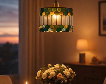 Lámpara colgante vintage de vitral verde: lámpara de techo retro, iluminación de comedor con vidrio artístico, decoración rústica