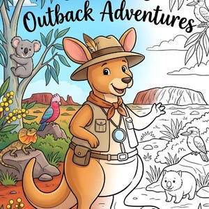 Pode incluir: Uma capa de livro de colorir intitulada Coloroo's Outback Adventures apresentando um canguru explorador com chapéu e colete, cercado por animais australianos, incluindo um coala, um papagaio e um lagarto, em uma paisagem parcialmente colorida.