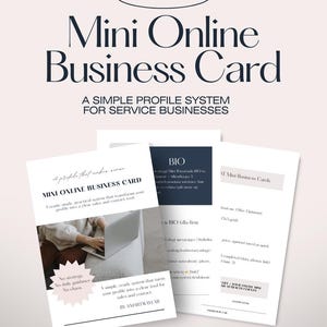May include: An ebook titled "Mini Online Business Card" with a simple profile system for service businesses. The image shows several white cards with text, including "BIO" and "ST Mini Business Cards." The cards are arranged on a light background.