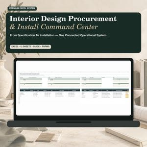 May include: A laptop screen displays an Excel spreadsheet titled Procurement And Install Command Center. The dark green header text reads Premium Excel System, Interior Design Procurement & Install Command Center, and 12 Sheets Guide + Forms.