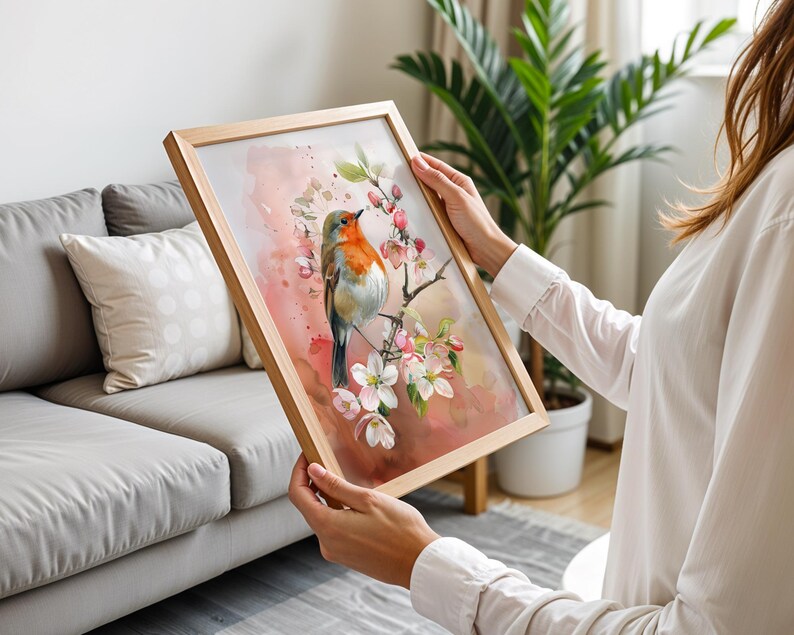 Vintage Robin Watercolor Art Print, Apple Blossom Floral Decor (digital ...
