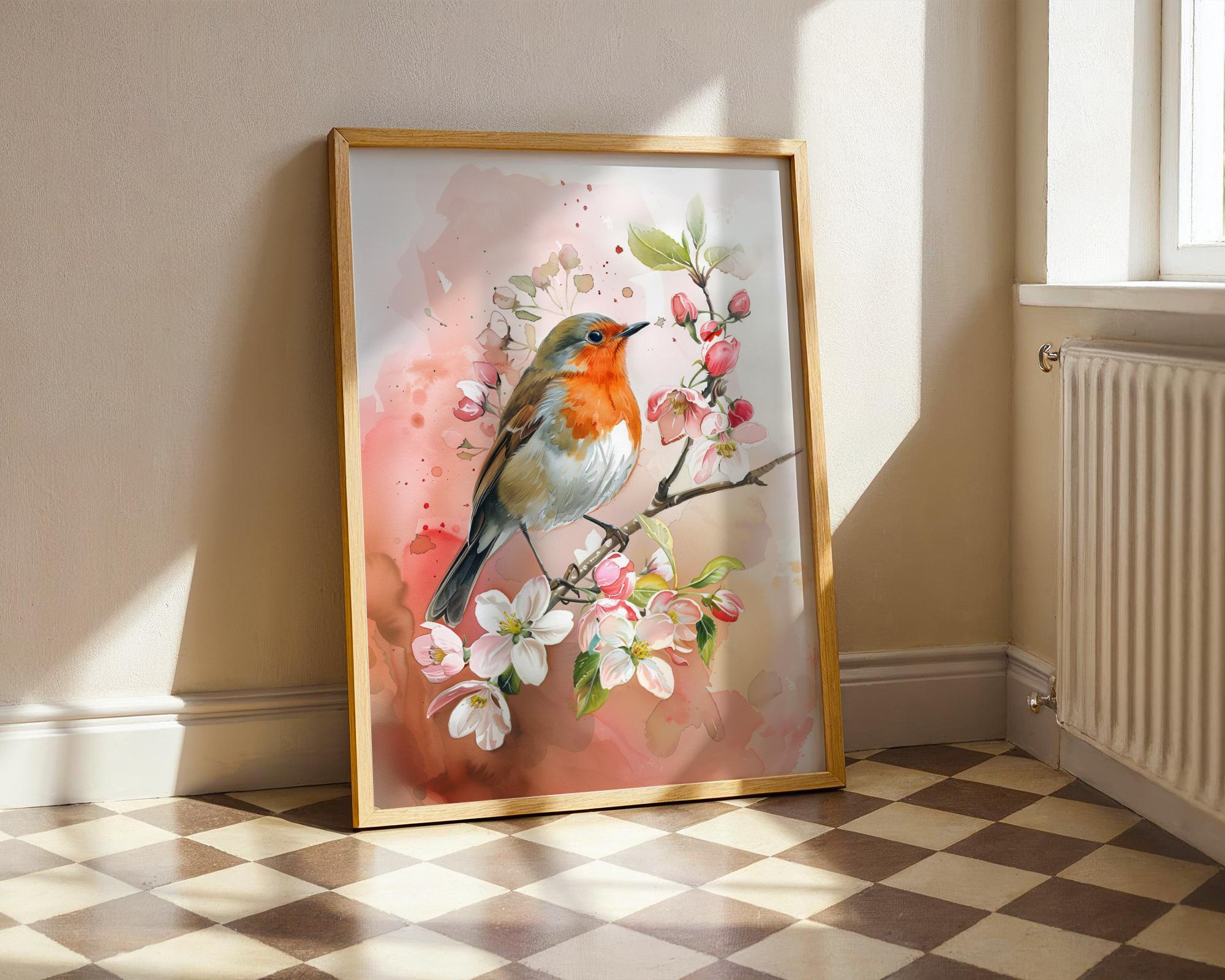 Vintage Robin Watercolor Art Print, Apple Blossom Floral Decor (digital ...