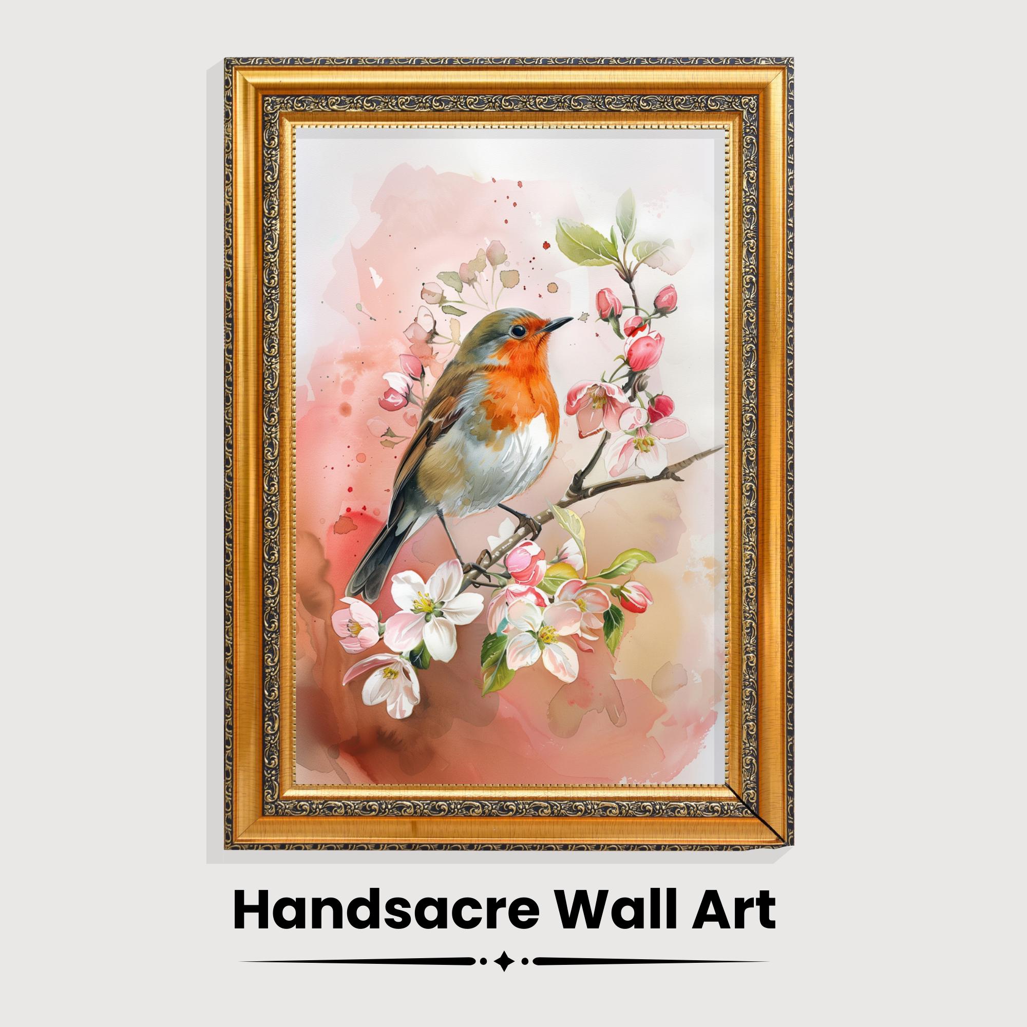 Vintage Robin Watercolor Art Print, Apple Blossom Floral Decor (digital ...