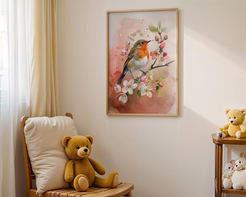 Vintage Robin Watercolor Art Print, Apple Blossom Floral Decor (digital ...