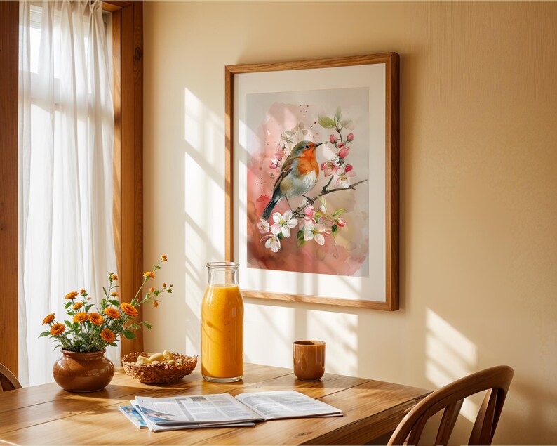 Vintage Robin Watercolor Art Print, Apple Blossom Floral Decor (digital ...