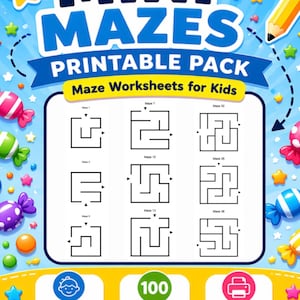May include: A colorful printable pack of mini mazes for kids, featuring a blue background with the text "MINI MAZES PRINTABLE PACK". The pack includes 100 mazes for ages 3-4, and is a printable PDF.