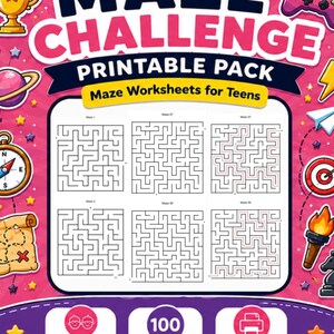 Könnte beinhalten: Ein digitales druckbares Paket mit dem Titel MAZE CHALLENGE PRINTABLE PACK Maze Worksheets for Teens mit sechs schwarz-weißen quadratischen Labyrinth-Rätseln. Der rosa Hintergrund enthält Illustrationen eines goldenen Pokals, eines Gamecontrollers, eines Planeten, eines Kompasses, einer Karte, einer Zielscheibe und einer Fackel.