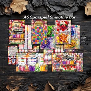 Könnte beinhalten: Eine Sammlung farbenfroher Karten im A6-Format mit dem Text "A6 Sparspiel Smoothie Bar". Die Karten zeigen Illustrationen von Früchten, Smoothies und spielartigen Elementen, auf Holzgrund.