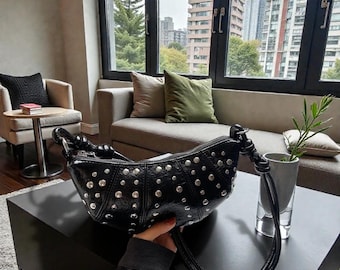 Studded Shoulder Bag Y2K Baguette Bag Mini Leather Purse