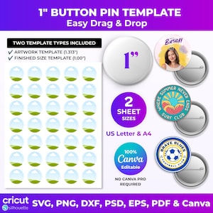 1 Inch Button Pin Template Canva SVG PNG PSD | Button Badge Template dxf eps pdf | Printable Pinback Circle Template for Cricut Silhouette