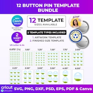Button Pin Template Bundle Canva SVG PNG PSD | Blank Button Maker Templates Dxf Eps Pdf | Custom Pinback Badge, & Editable Circle Labels
