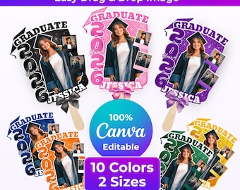 Plantilla de abanico de graduación 2026 – 10 colores, 2 tamaños + plantilla en blanco / Plantilla de abanico de graduación en Canva, abanico personalizado para graduados imprimible