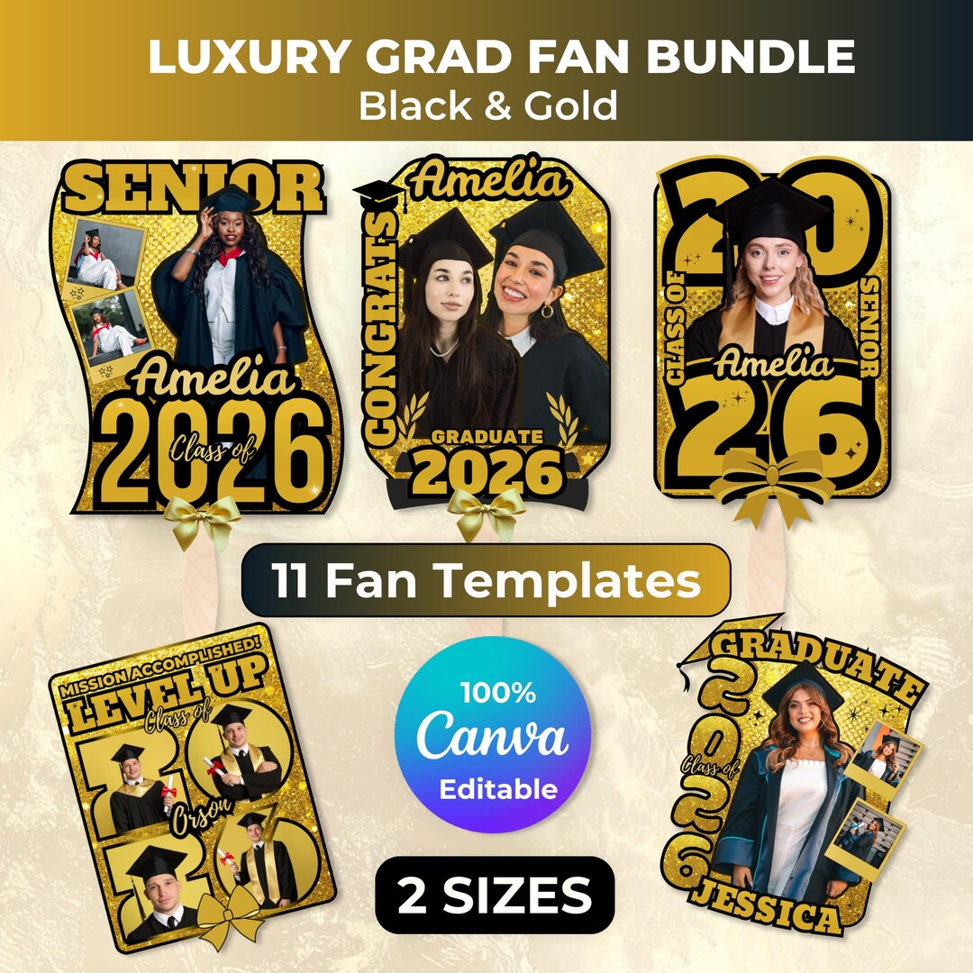 Black & Gold Graduation Fan Bundle 2026 Canva Editable | 11 Grad Fan ...