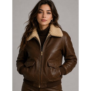 Womens Brown Leather Jacket, Shearling Collar Jacket, Aviator Jacket Women, Vintage Bomber Jacket, Winter Coat
