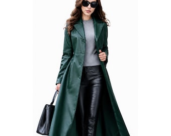 Grüner Leder Trenchcoat Damen Langer Ledermantel Smaragd Grün Jacke Elegante Wintermantel Vintage Style Oberbekleidung