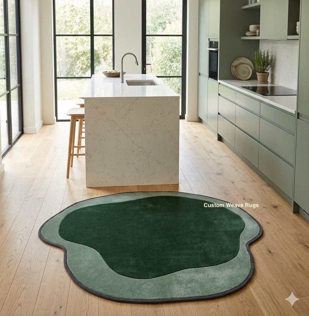 Organic R Shaped Rug Abstract Green Organic Shape Rug, Modern Irregular Blob Carpet, Forest ...