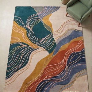 Abstract Wave Rug, Modern Multicolor Area Rug, Artistic Geometric Carpet, Contemporary Designer Rug, Statement Living Room Rug