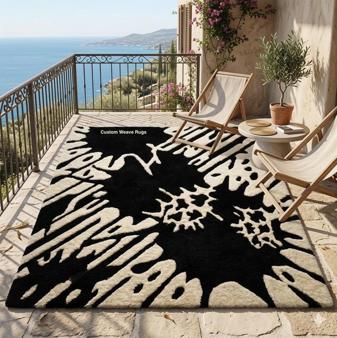 Black White Abstract Rug Modern Art Rug Hand Tufted Wool Area Rug Paint ...
