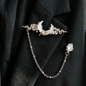 Moonstone Crescent Moon Brooch - Silver Cloud Chain Pin - Moonvail Celestial Jewelry - Ethereal Draped Double Lapel Badge